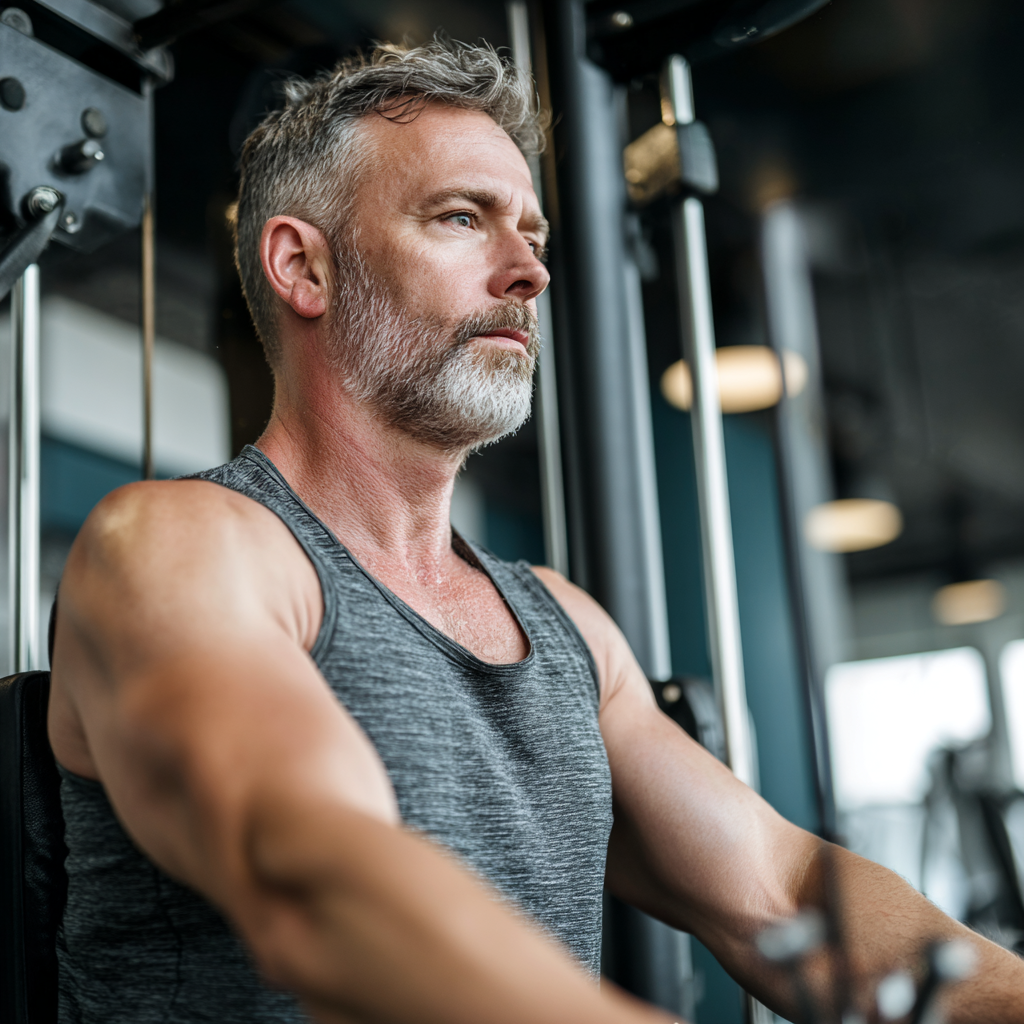 Mature adult achieving fitness goals with professional equipment in modern training facility