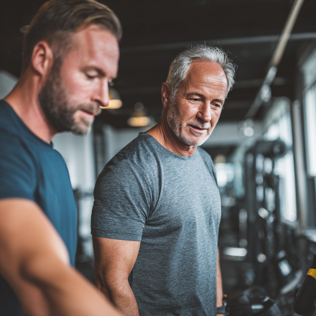 Professional fitness trainer working with middle-aged adult in modern gym environment